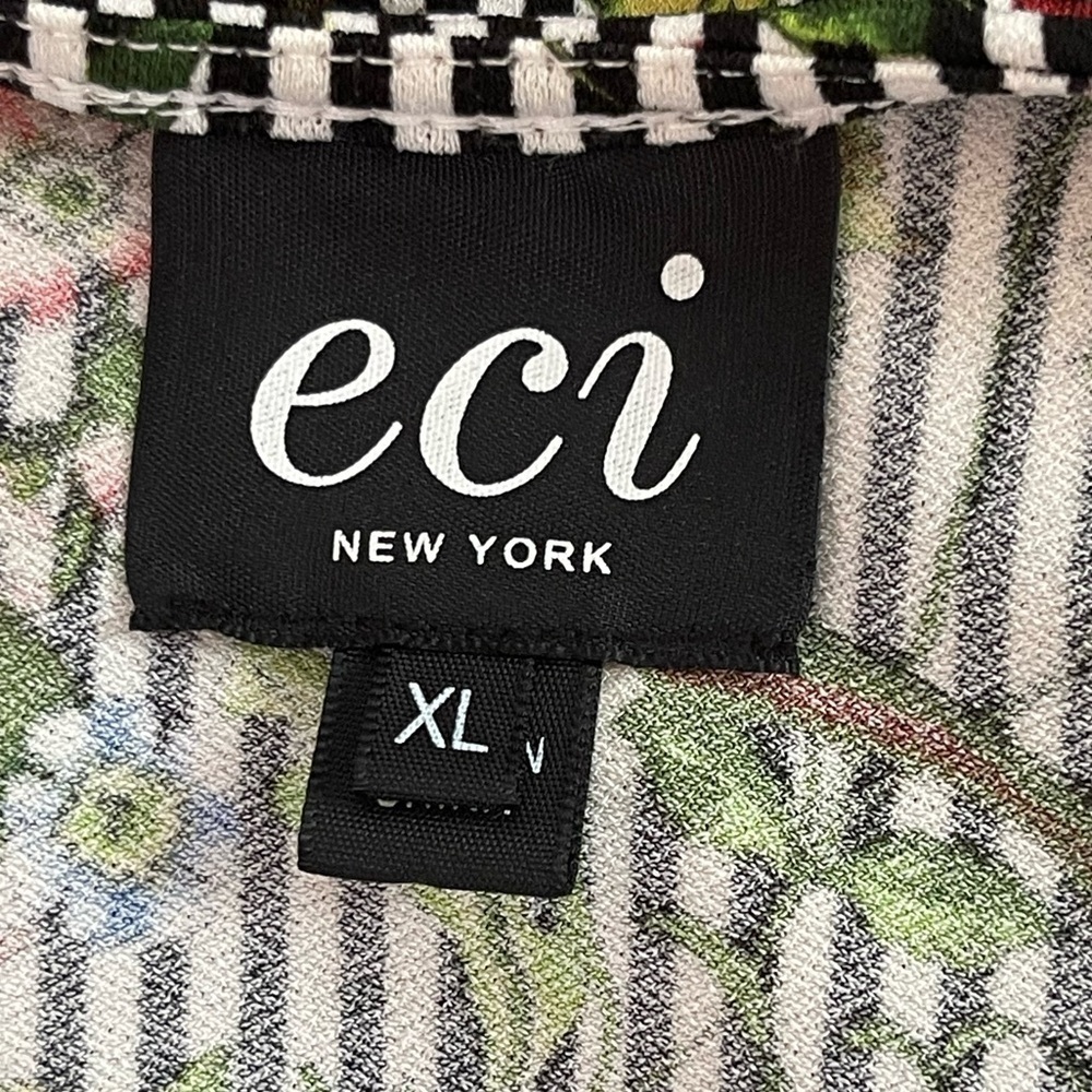Eci NEW YORK BLACK WHITE STRIPE FLORAL PATTERN FAUX WRAP FLOUNCE SLEEVE DRESS XL - Picture 8 of 10